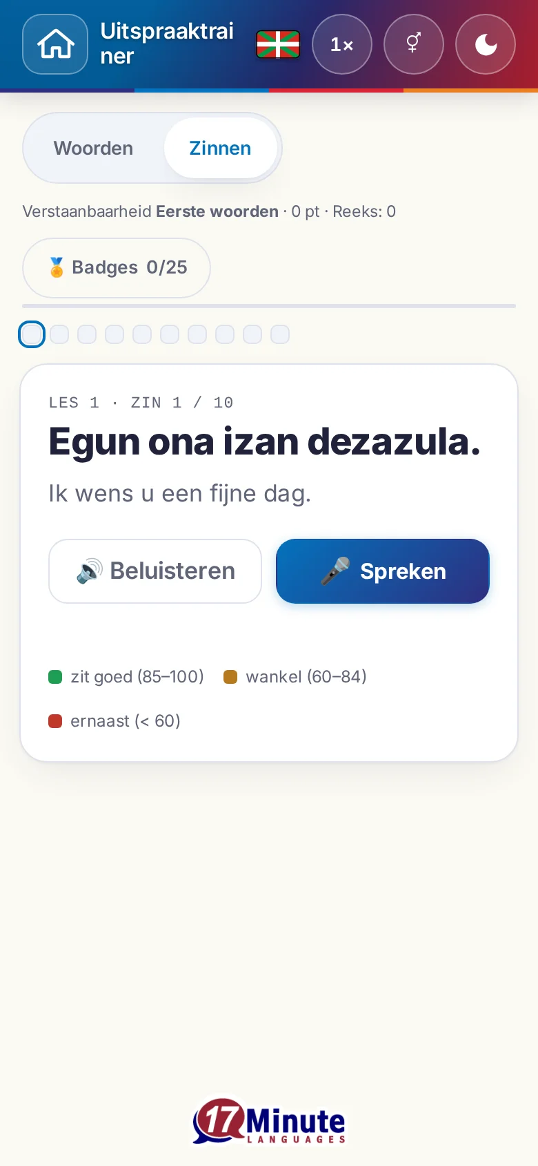 Telefoon: een gestarte uitspraakoefening met doelzin en beoordelingslegenda.