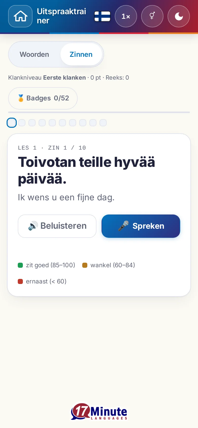 Telefoon: een gestarte uitspraakoefening met doelzin en beoordelingslegenda.