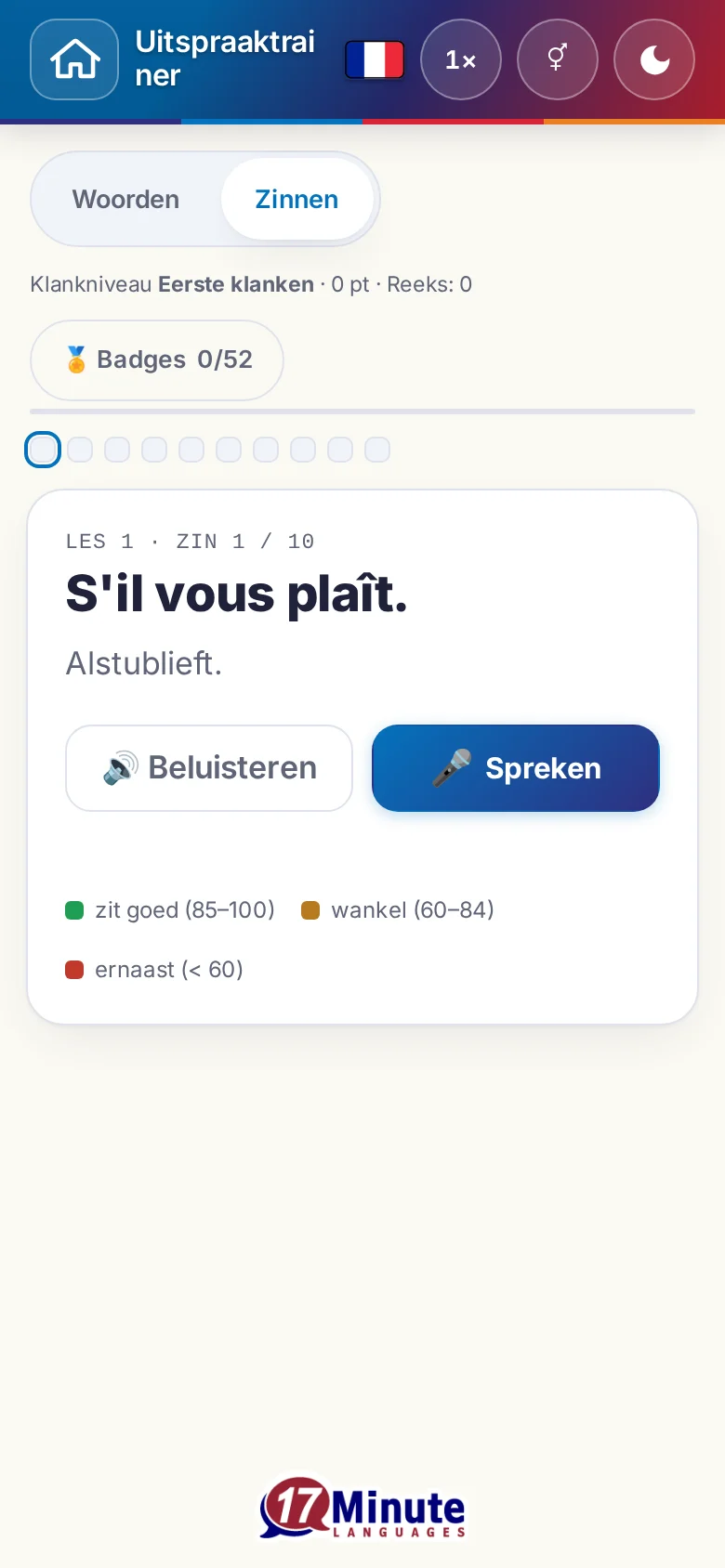 Telefoon: een gestarte uitspraakoefening met doelzin en beoordelingslegenda.