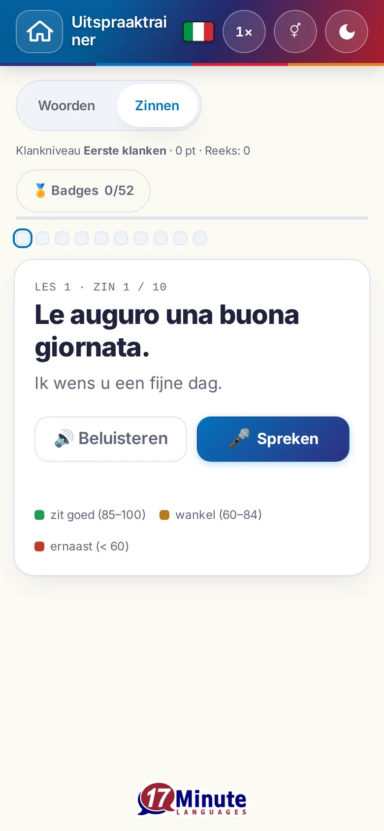 Telefoon: een gestarte uitspraakoefening met doelzin en beoordelingslegenda.