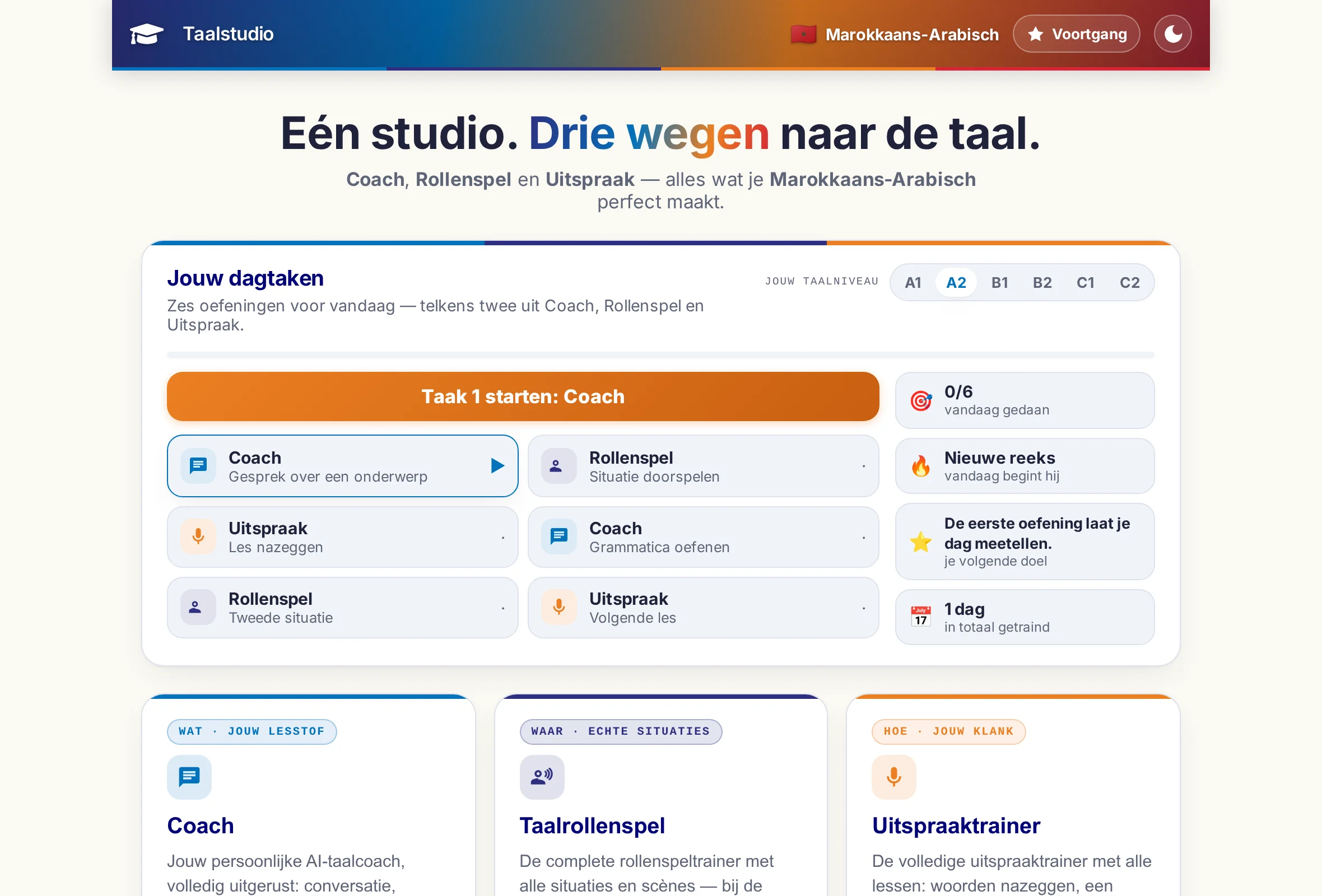 De startpagina van de Taalstudio: de drie programma's als tegels en daarboven de zes oefeningen van de dagelijkse opdracht.