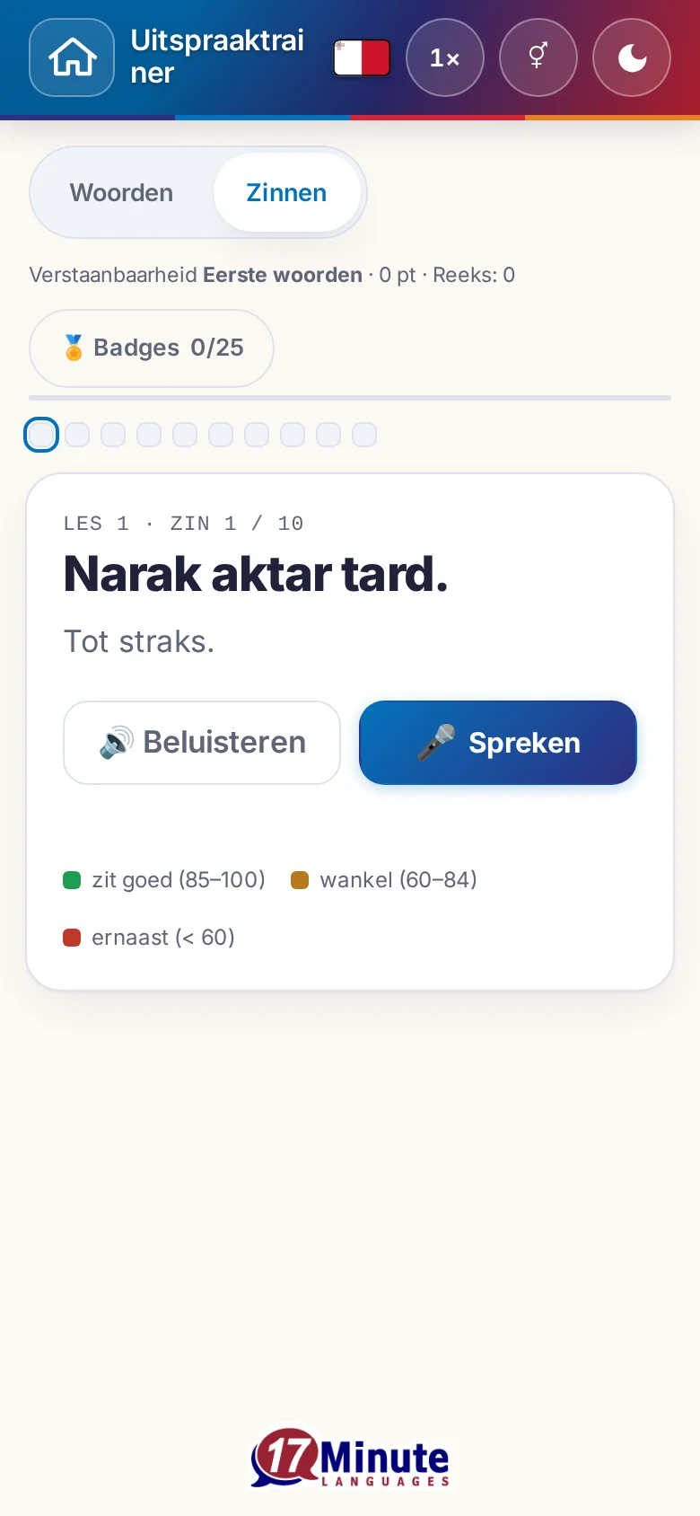 Telefoon: een gestarte uitspraakoefening met doelzin en beoordelingslegenda.