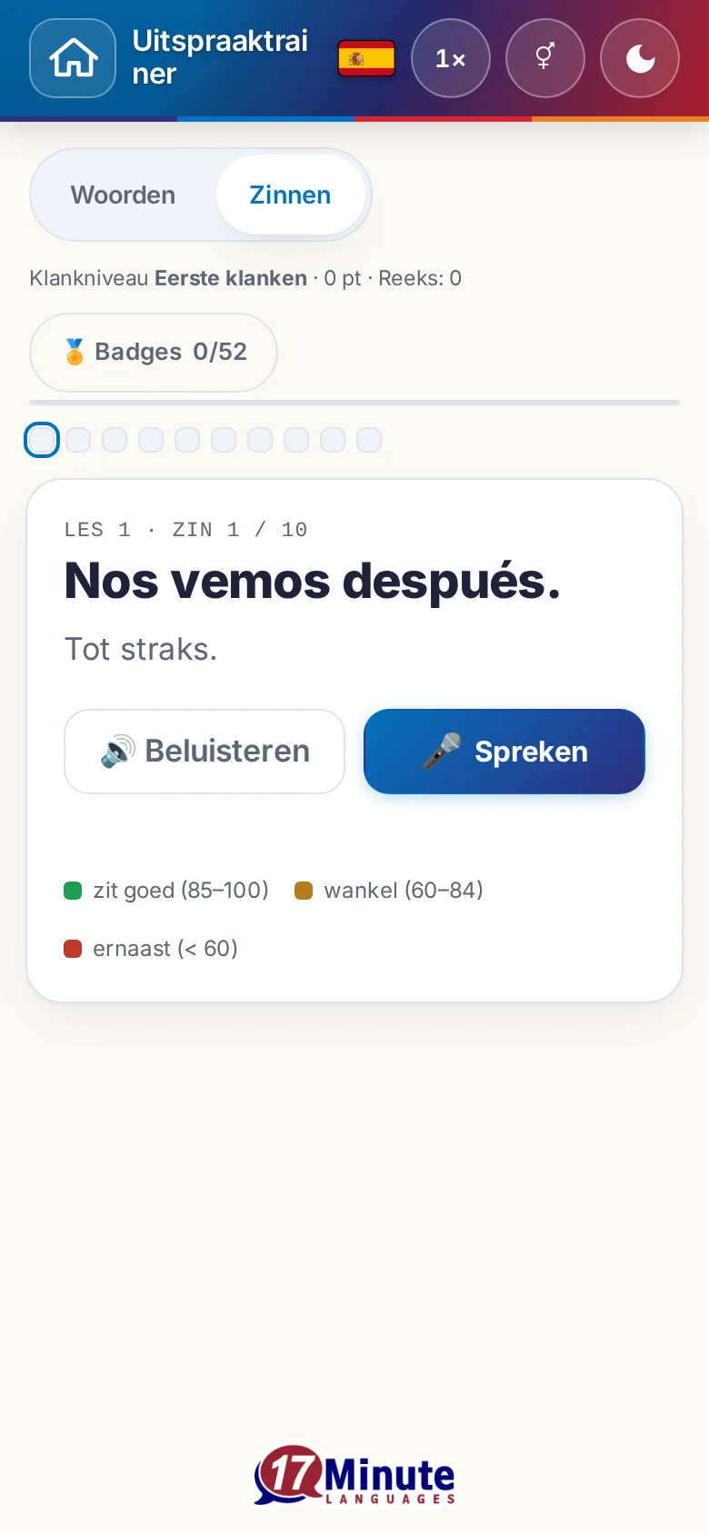 Telefoon: een gestarte uitspraakoefening met doelzin en beoordelingslegenda.