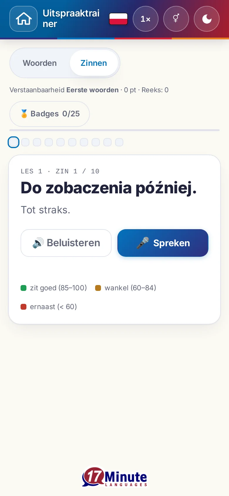 Telefoon: een gestarte uitspraakoefening met doelzin en beoordelingslegenda.