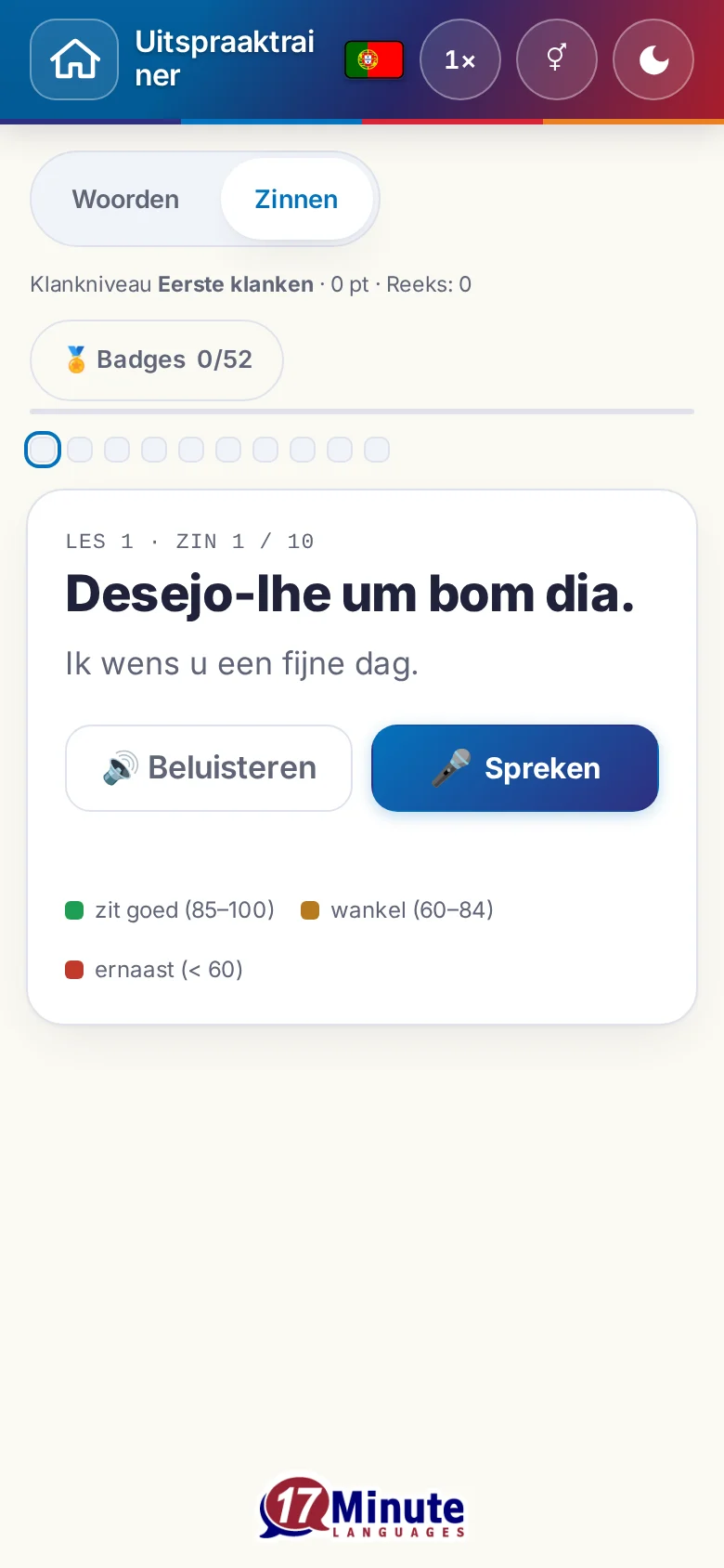 Telefoon: een gestarte uitspraakoefening met doelzin en beoordelingslegenda.