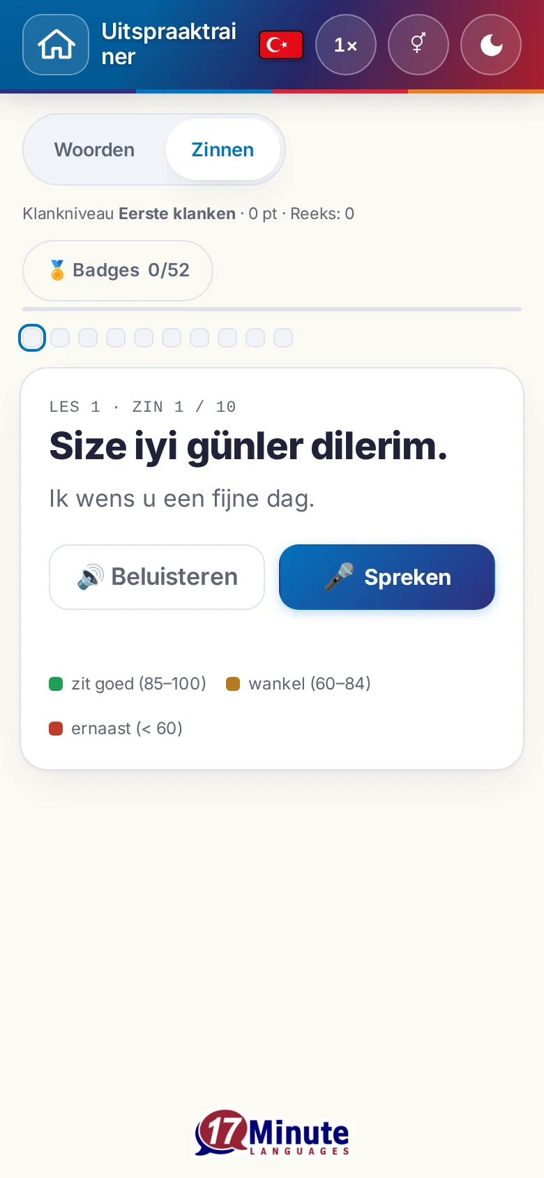 Telefoon: een gestarte uitspraakoefening met doelzin en beoordelingslegenda.