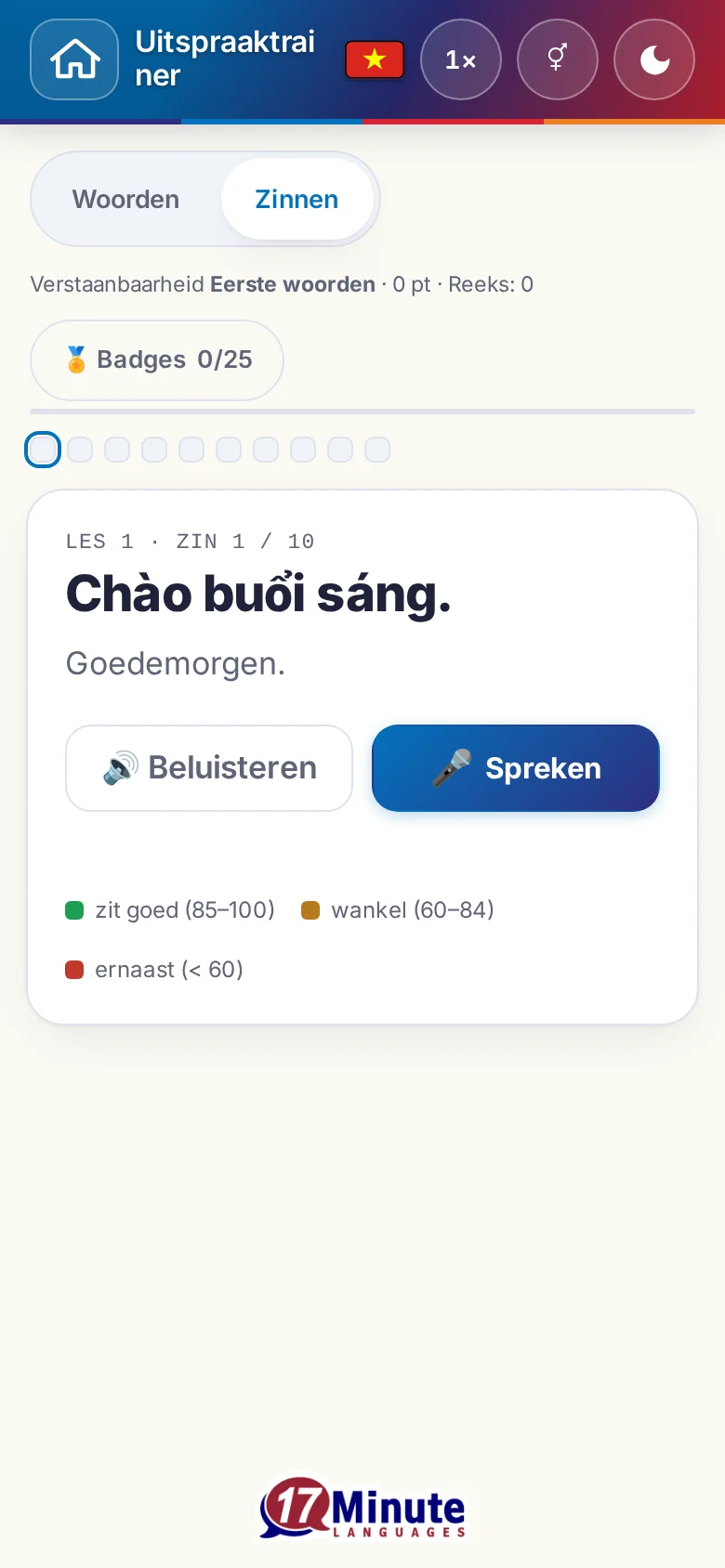 Telefoon: een gestarte uitspraakoefening met doelzin en beoordelingslegenda.