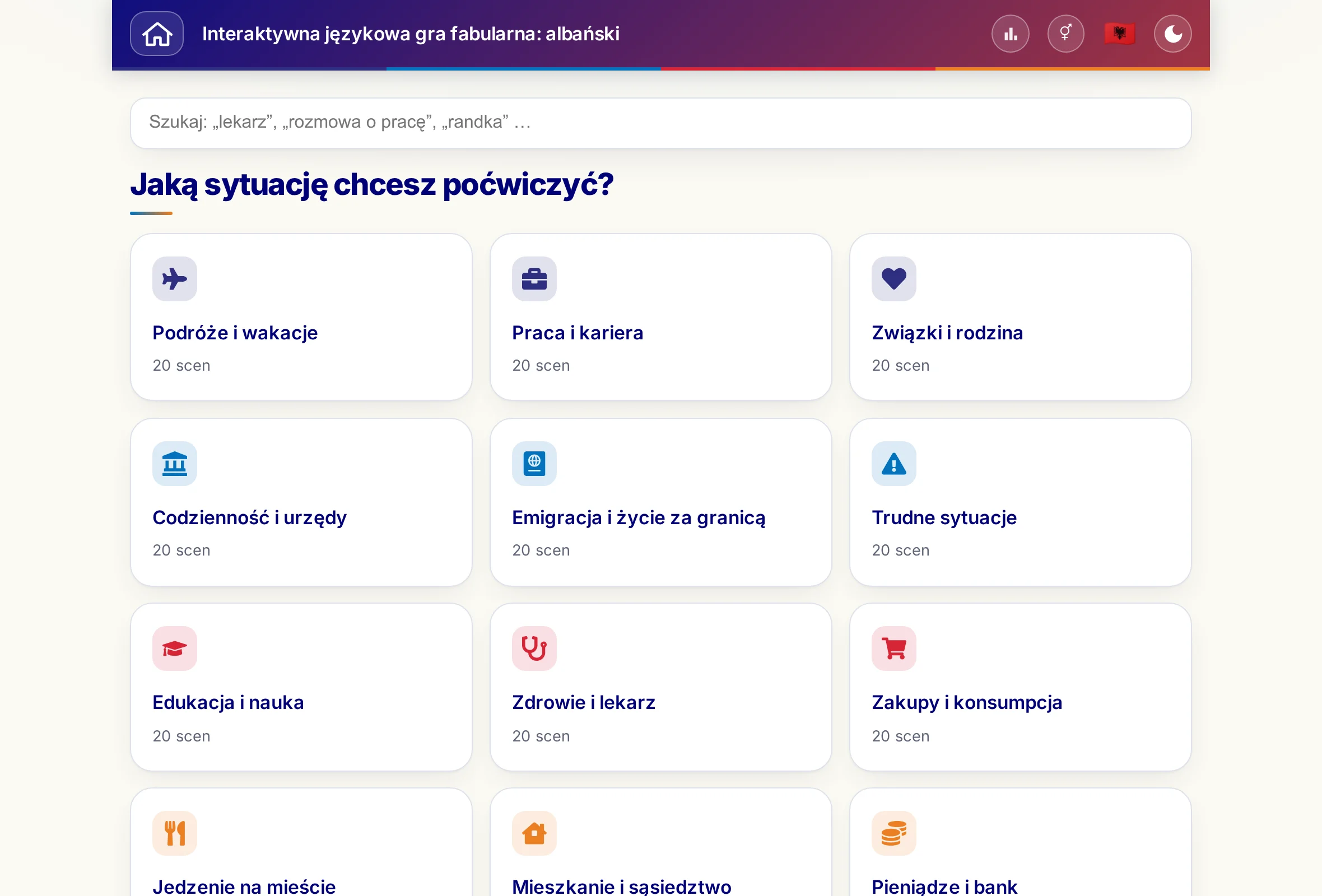Językowe scenki dialogowe z polem wyszukiwania i 15 światami tematycznymi.
