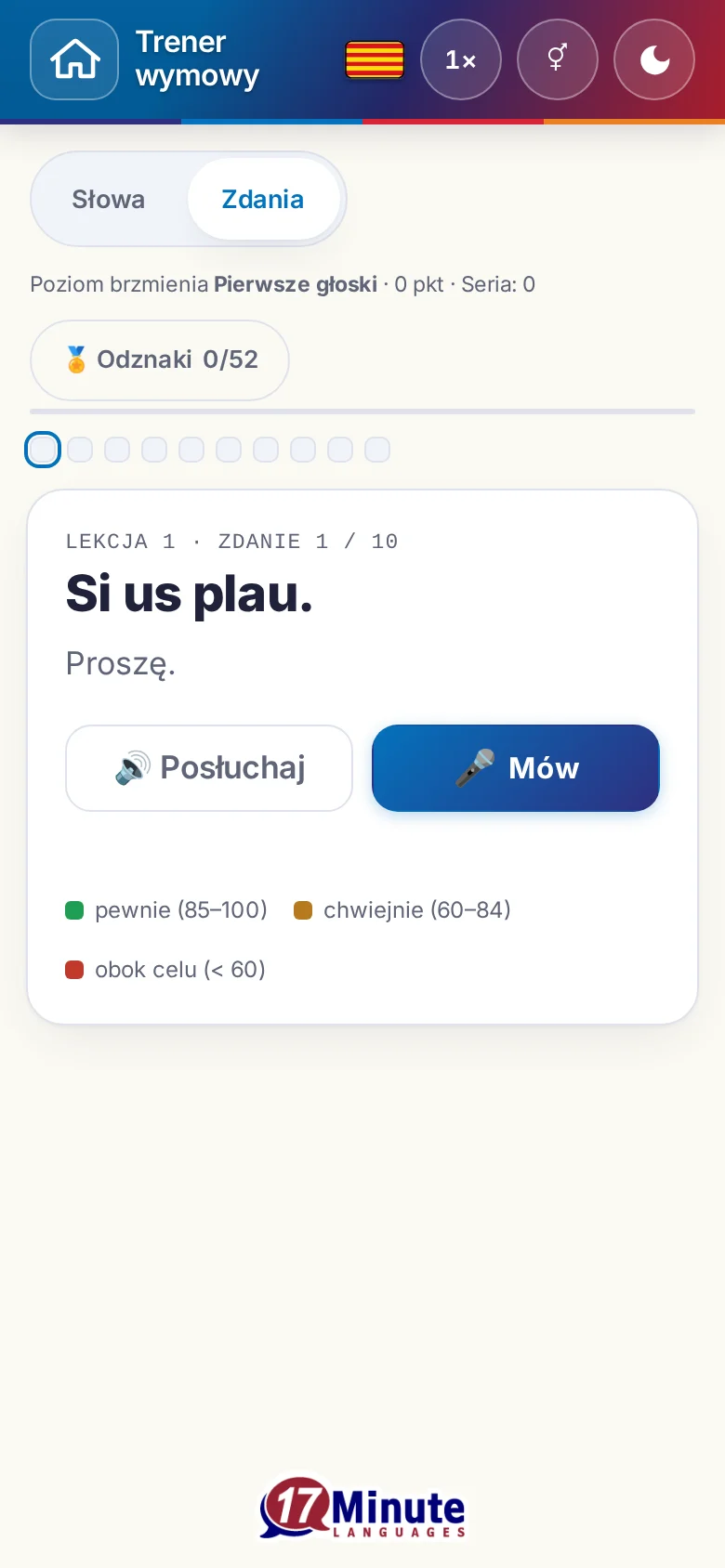Telefon: uruchomione ćwiczenie wymowy ze zdaniem docelowym i legendą oceny.