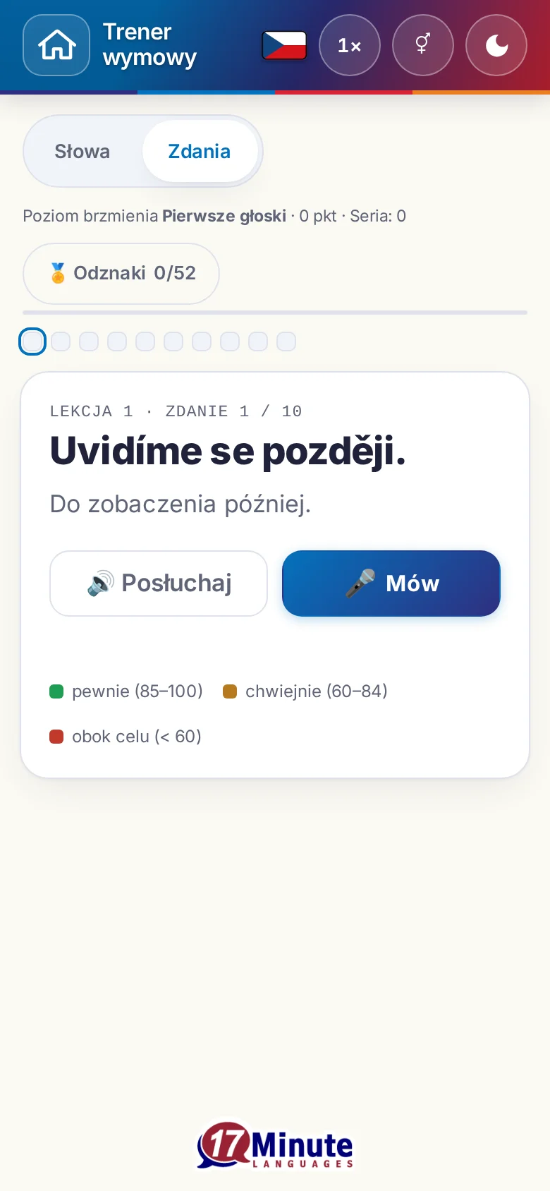 Telefon: uruchomione ćwiczenie wymowy ze zdaniem docelowym i legendą oceny.