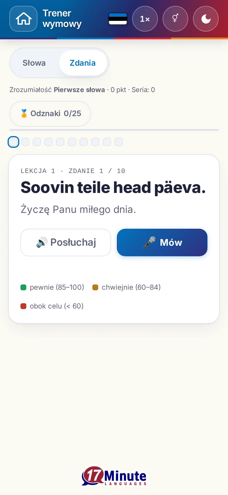 Telefon: uruchomione ćwiczenie wymowy ze zdaniem docelowym i legendą oceny.