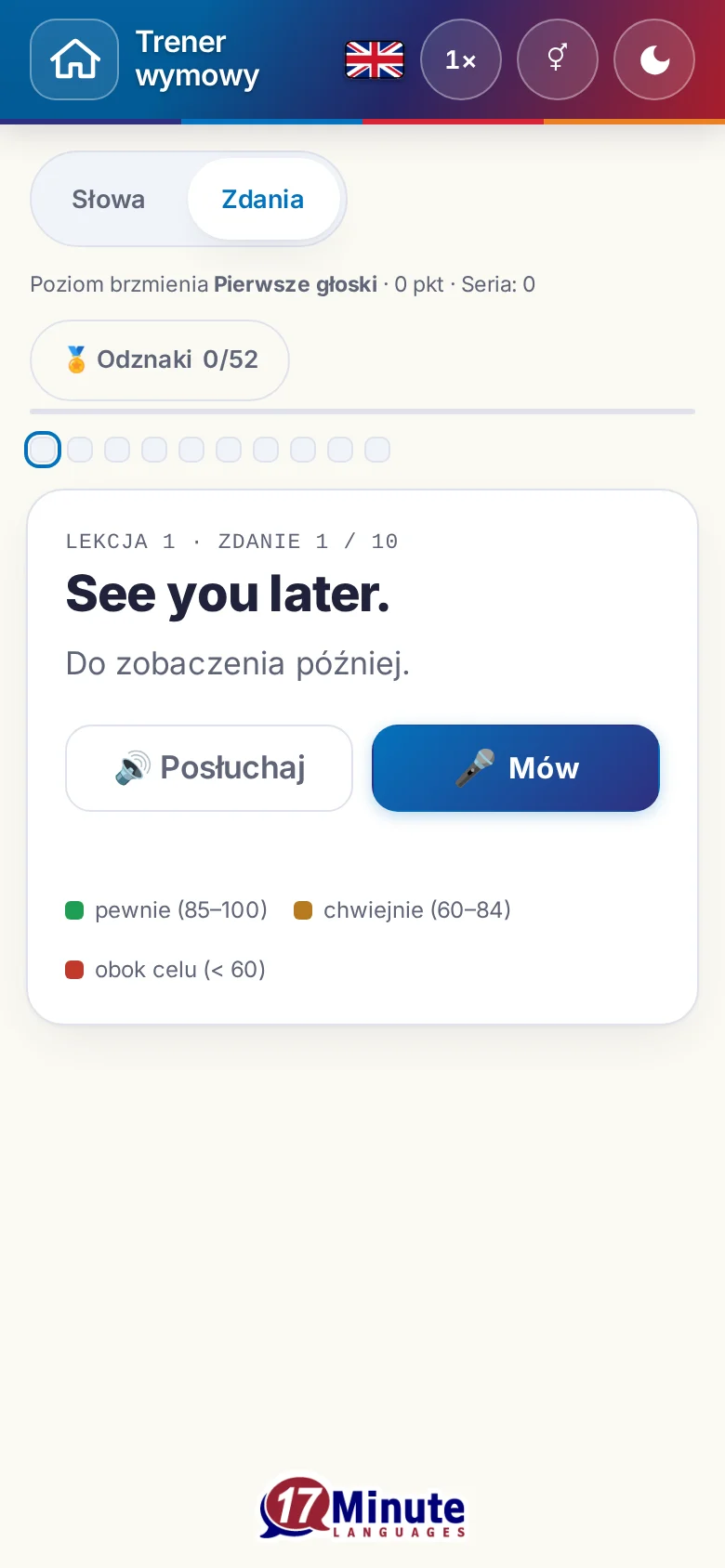 Telefon: uruchomione ćwiczenie wymowy ze zdaniem docelowym i legendą oceny.