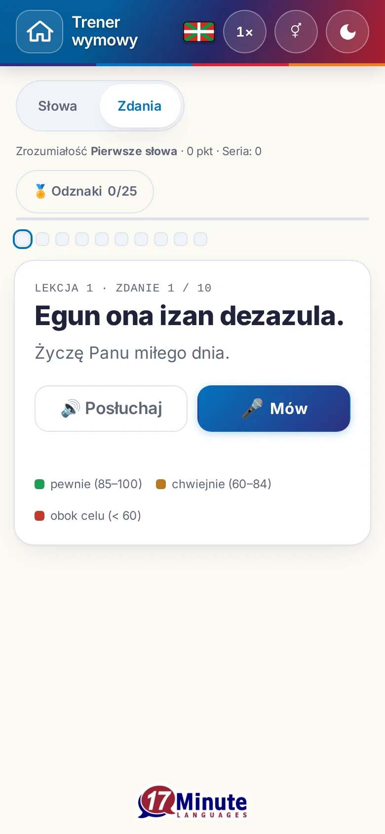 Telefon: uruchomione ćwiczenie wymowy ze zdaniem docelowym i legendą oceny.