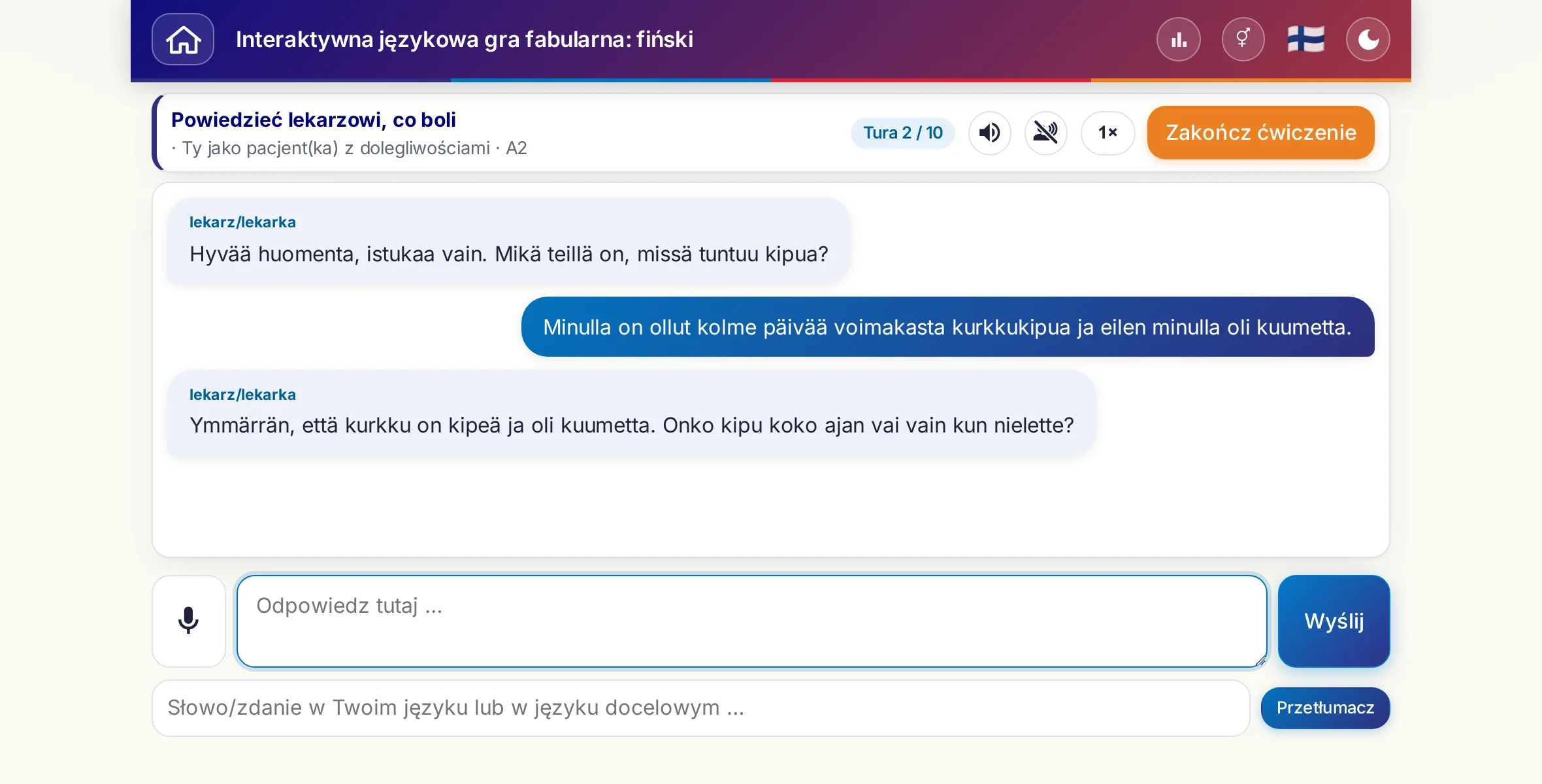 Scenka dialogowa w trakcie rozmowy: lekarka pyta o nasilenie bólu, gorączkę i przebieg dnia, uczący się odpowiada swobodnie i na koniec prosi o receptę.
