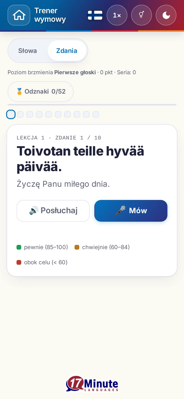 Telefon: uruchomione ćwiczenie wymowy ze zdaniem docelowym i legendą oceny.