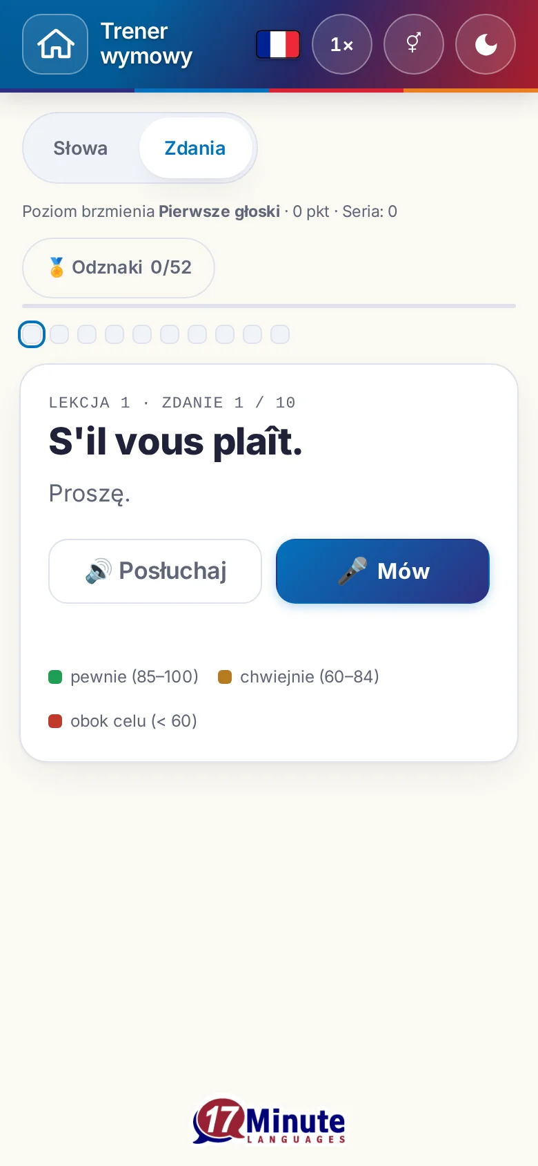 Telefon: uruchomione ćwiczenie wymowy ze zdaniem docelowym i legendą oceny.