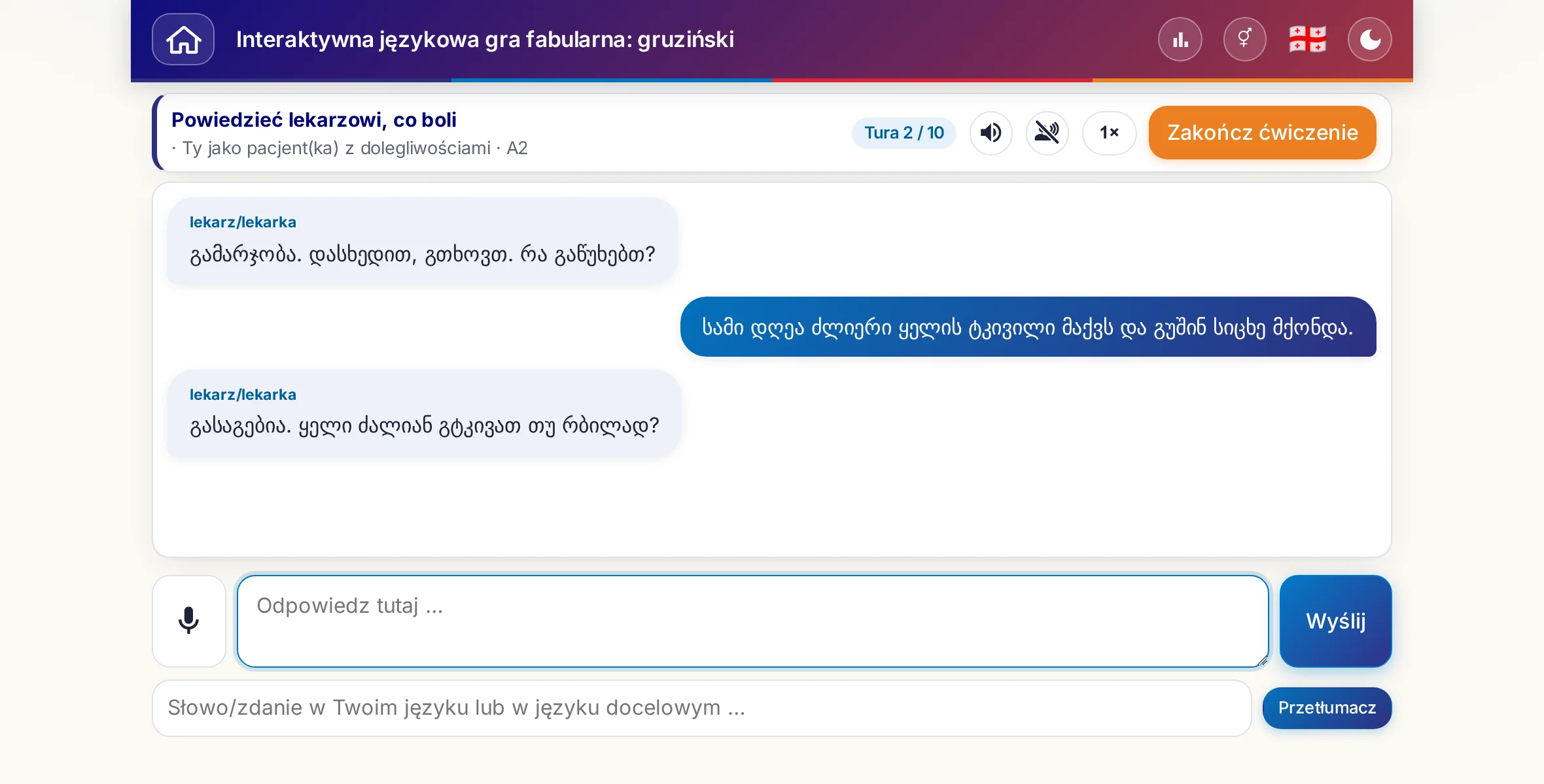 Scenka dialogowa w trakcie rozmowy: lekarka pyta o nasilenie bólu, gorączkę i przebieg dnia, uczący się odpowiada swobodnie i na koniec prosi o receptę.