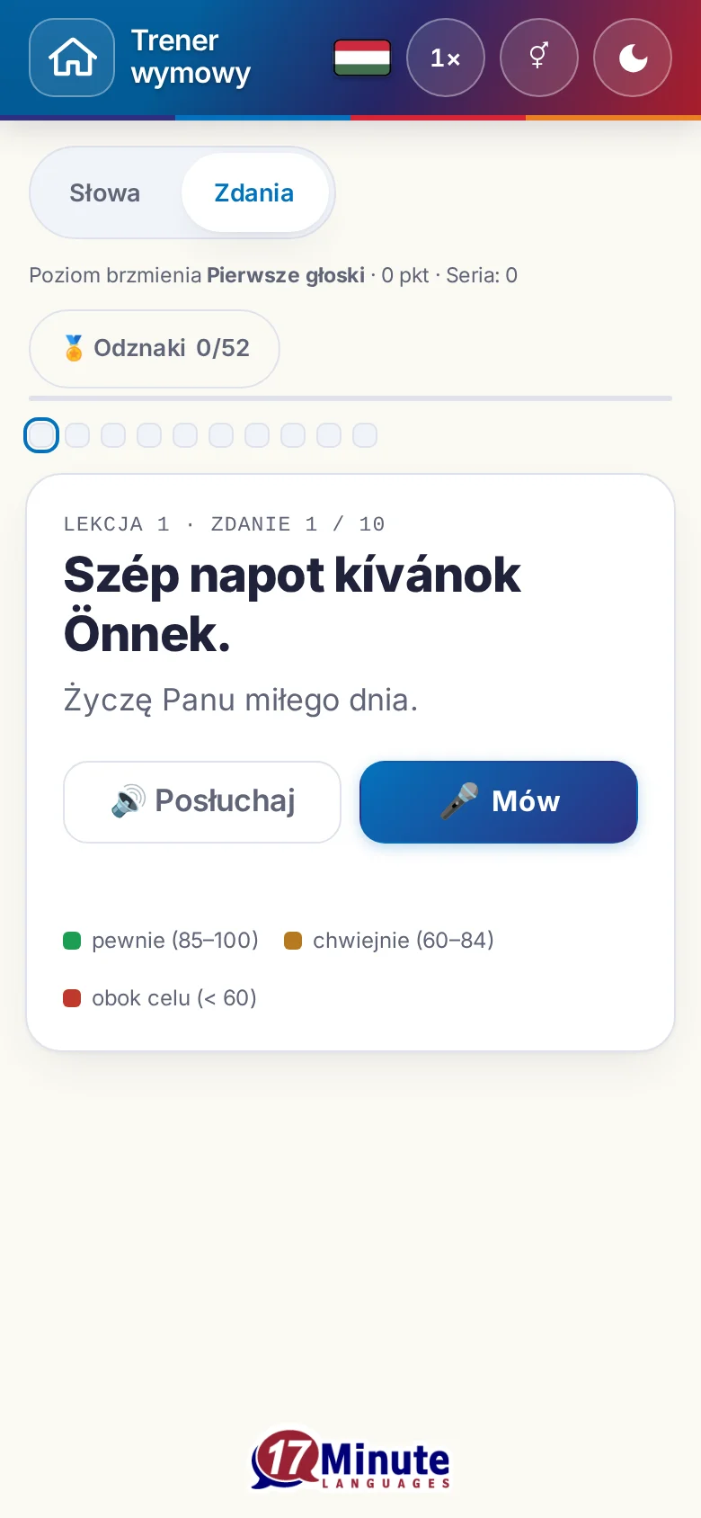 Telefon: uruchomione ćwiczenie wymowy ze zdaniem docelowym i legendą oceny.
