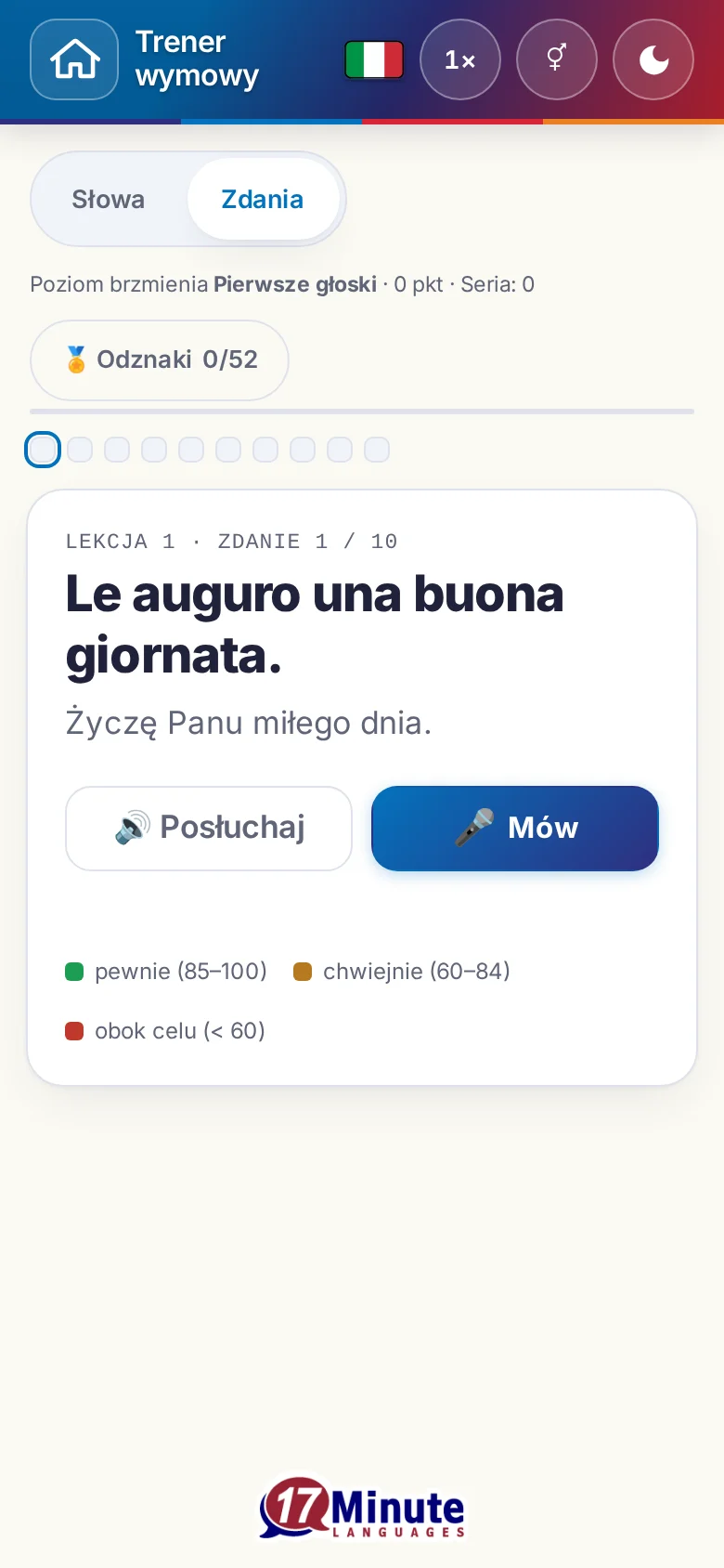 Telefon: uruchomione ćwiczenie wymowy ze zdaniem docelowym i legendą oceny.