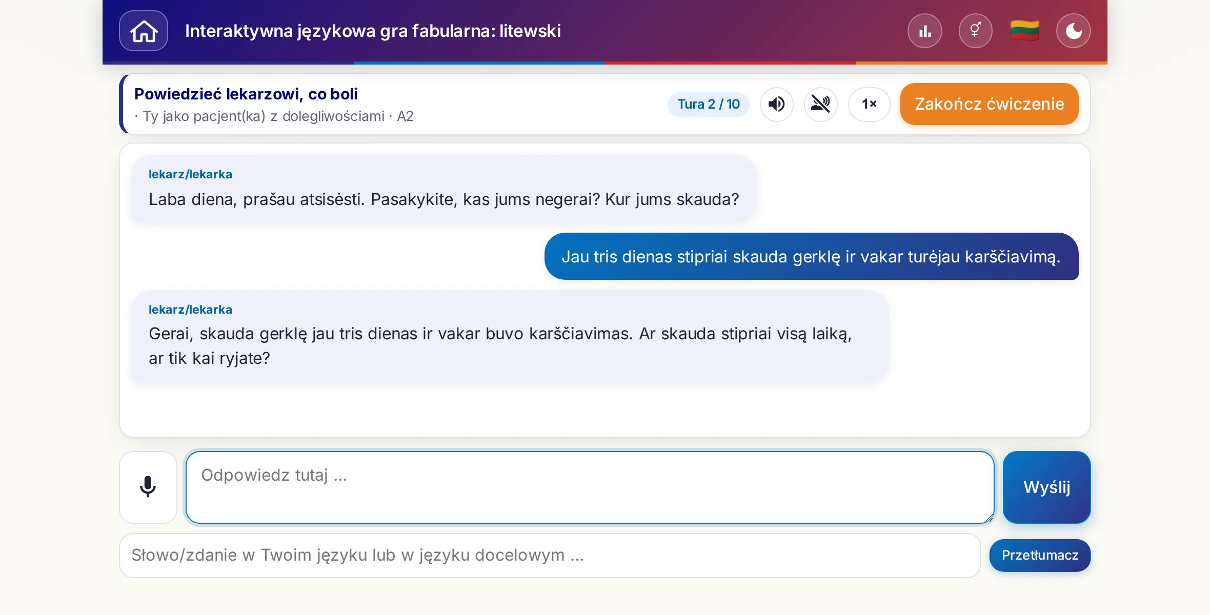 Scenka dialogowa w trakcie rozmowy: lekarka pyta o nasilenie bólu, gorączkę i przebieg dnia, uczący się odpowiada swobodnie i na koniec prosi o receptę.