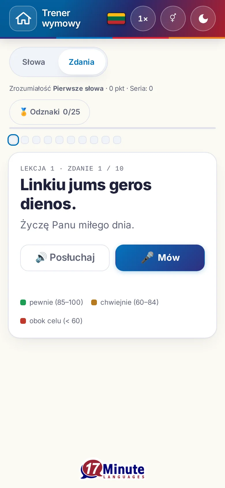 Telefon: uruchomione ćwiczenie wymowy ze zdaniem docelowym i legendą oceny.