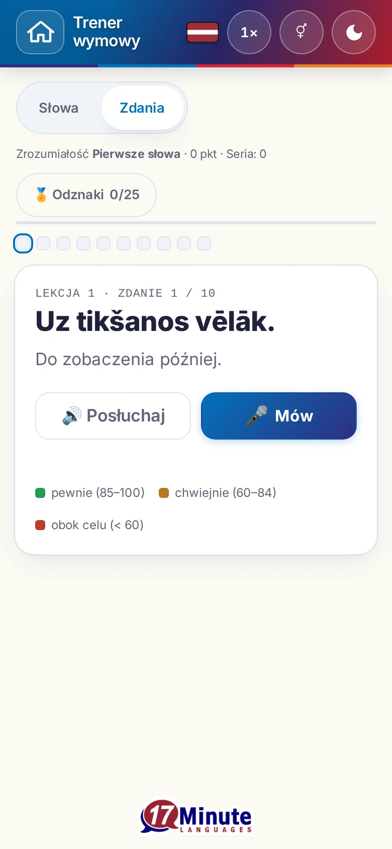 Telefon: uruchomione ćwiczenie wymowy ze zdaniem docelowym i legendą oceny.