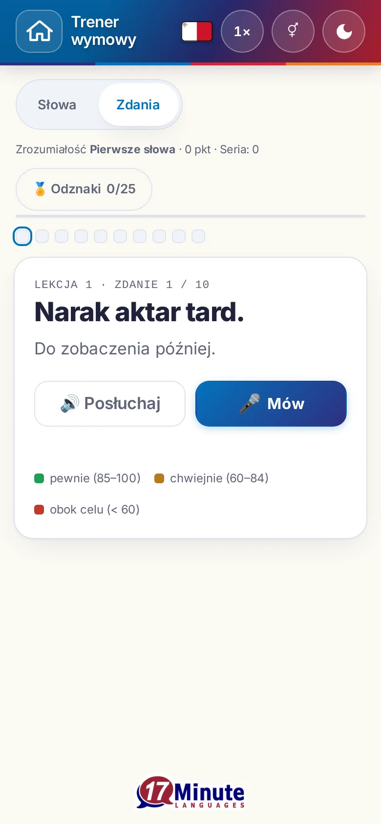 Telefon: uruchomione ćwiczenie wymowy ze zdaniem docelowym i legendą oceny.