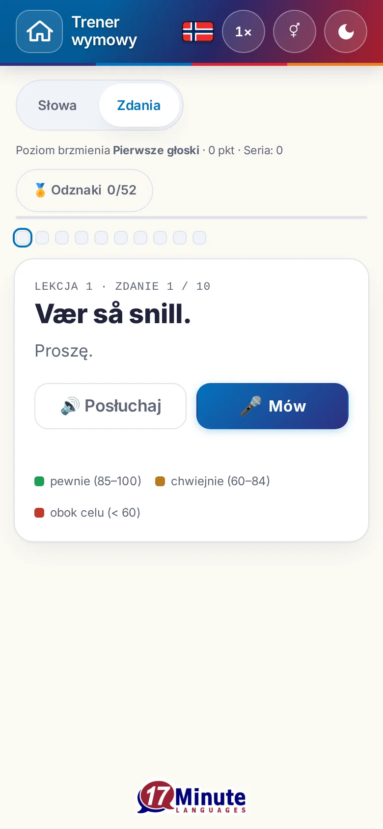 Telefon: uruchomione ćwiczenie wymowy ze zdaniem docelowym i legendą oceny.