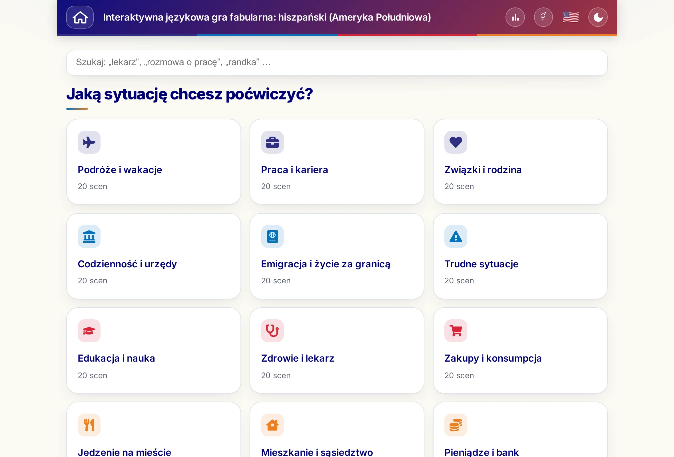 Językowe scenki dialogowe z polem wyszukiwania i 15 światami tematycznymi.