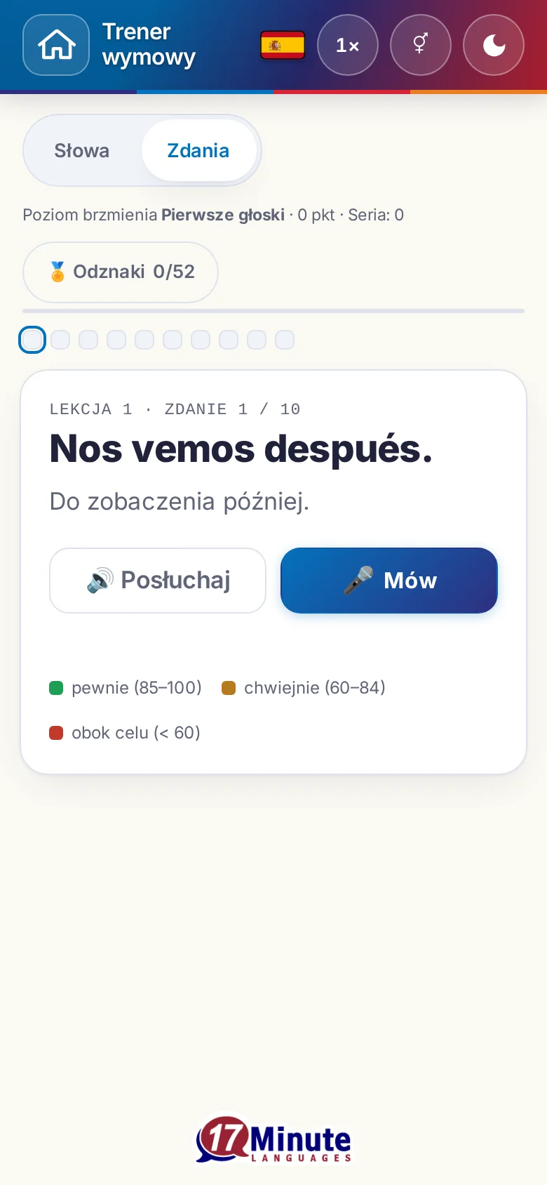 Telefon: uruchomione ćwiczenie wymowy ze zdaniem docelowym i legendą oceny.