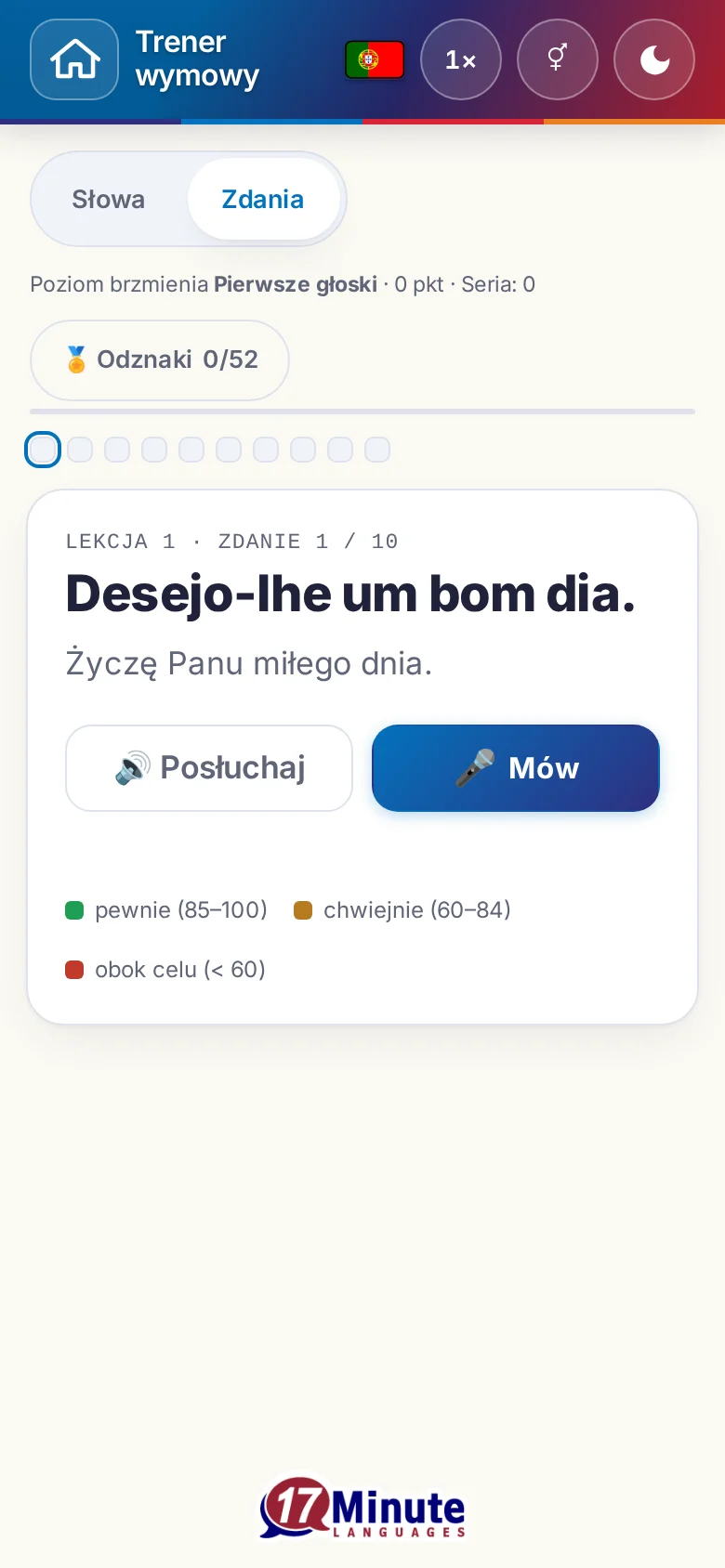 Telefon: uruchomione ćwiczenie wymowy ze zdaniem docelowym i legendą oceny.
