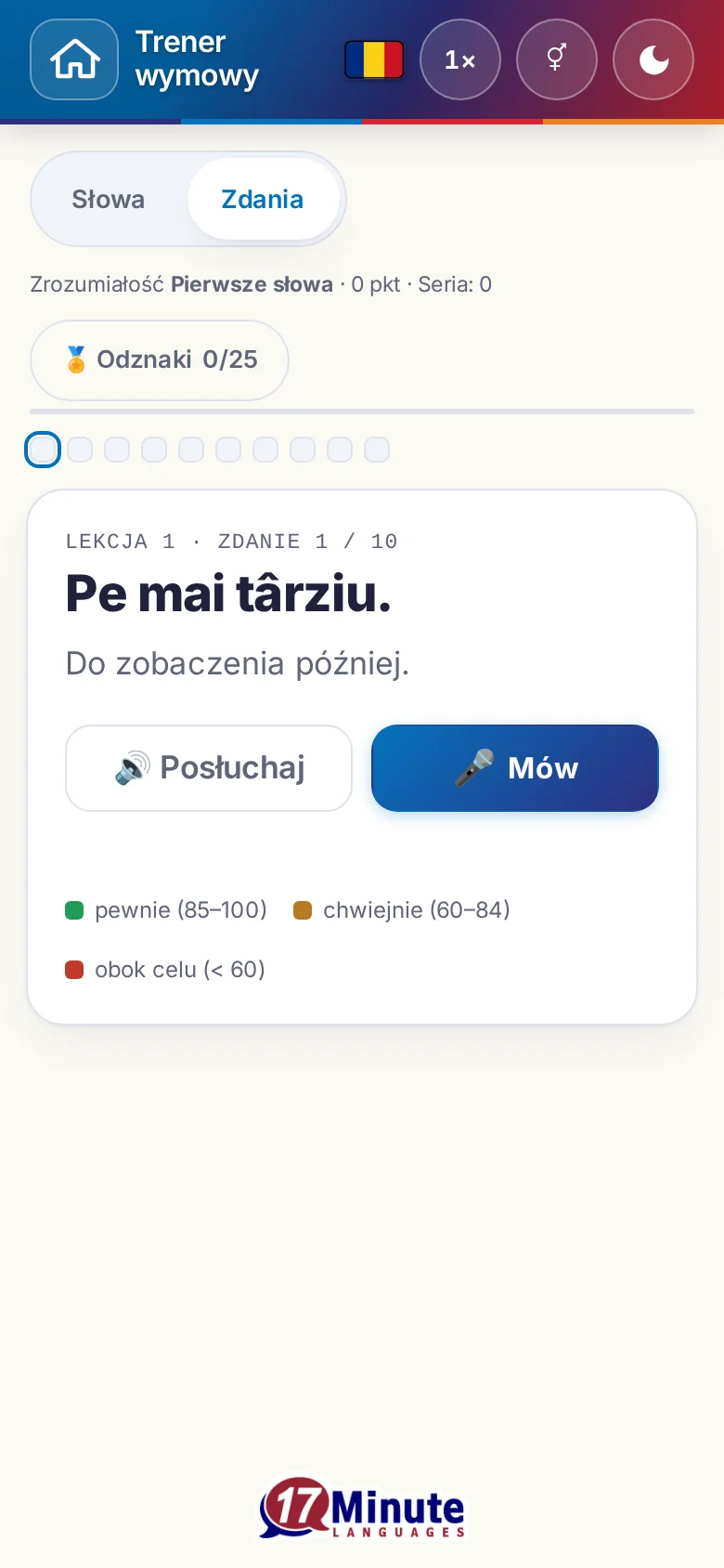 Telefon: uruchomione ćwiczenie wymowy ze zdaniem docelowym i legendą oceny.