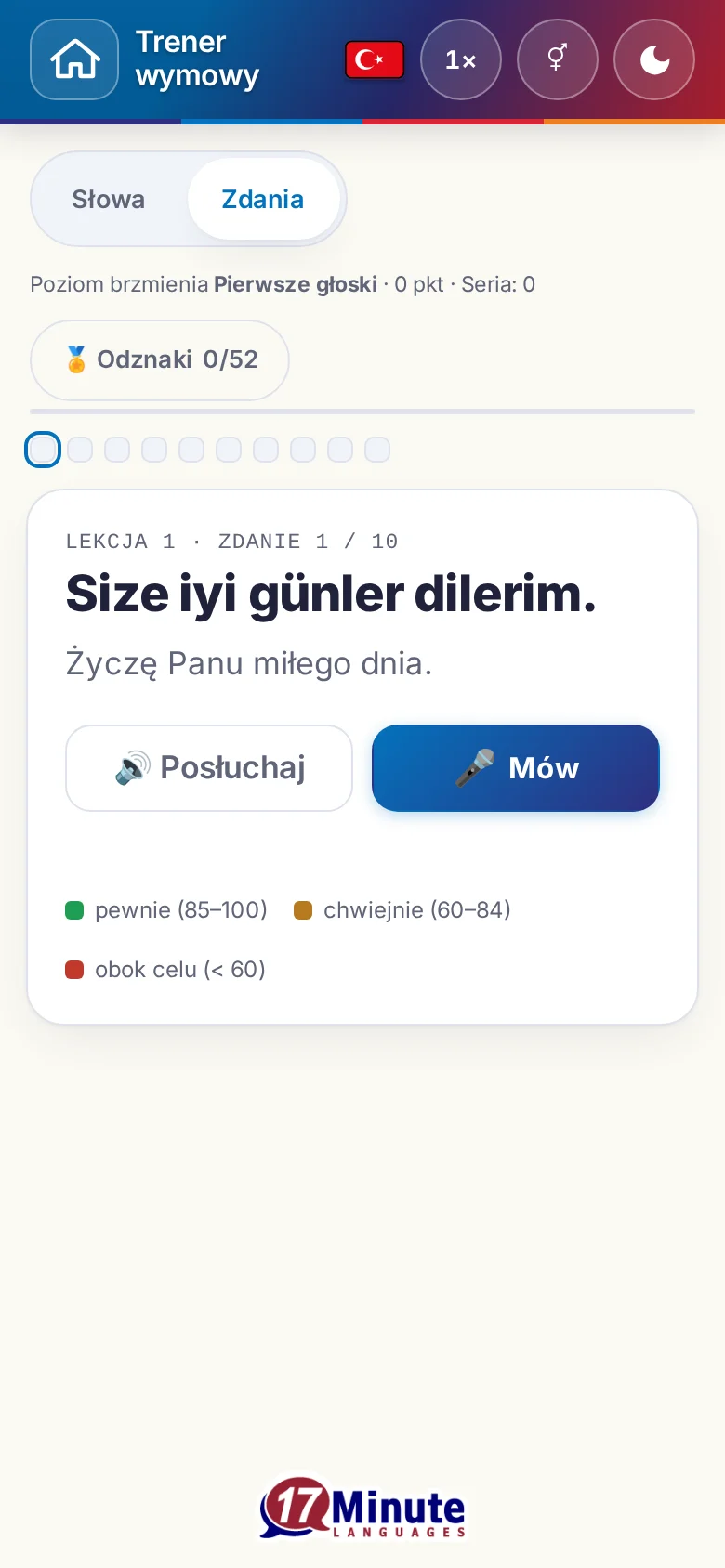 Telefon: uruchomione ćwiczenie wymowy ze zdaniem docelowym i legendą oceny.