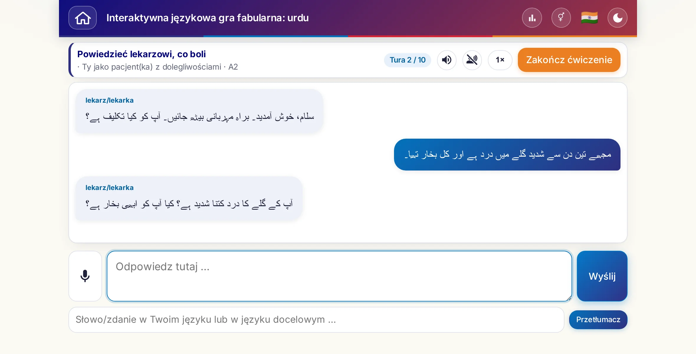 Scenka dialogowa w trakcie rozmowy: lekarka pyta o nasilenie bólu, gorączkę i przebieg dnia, uczący się odpowiada swobodnie i na koniec prosi o receptę.