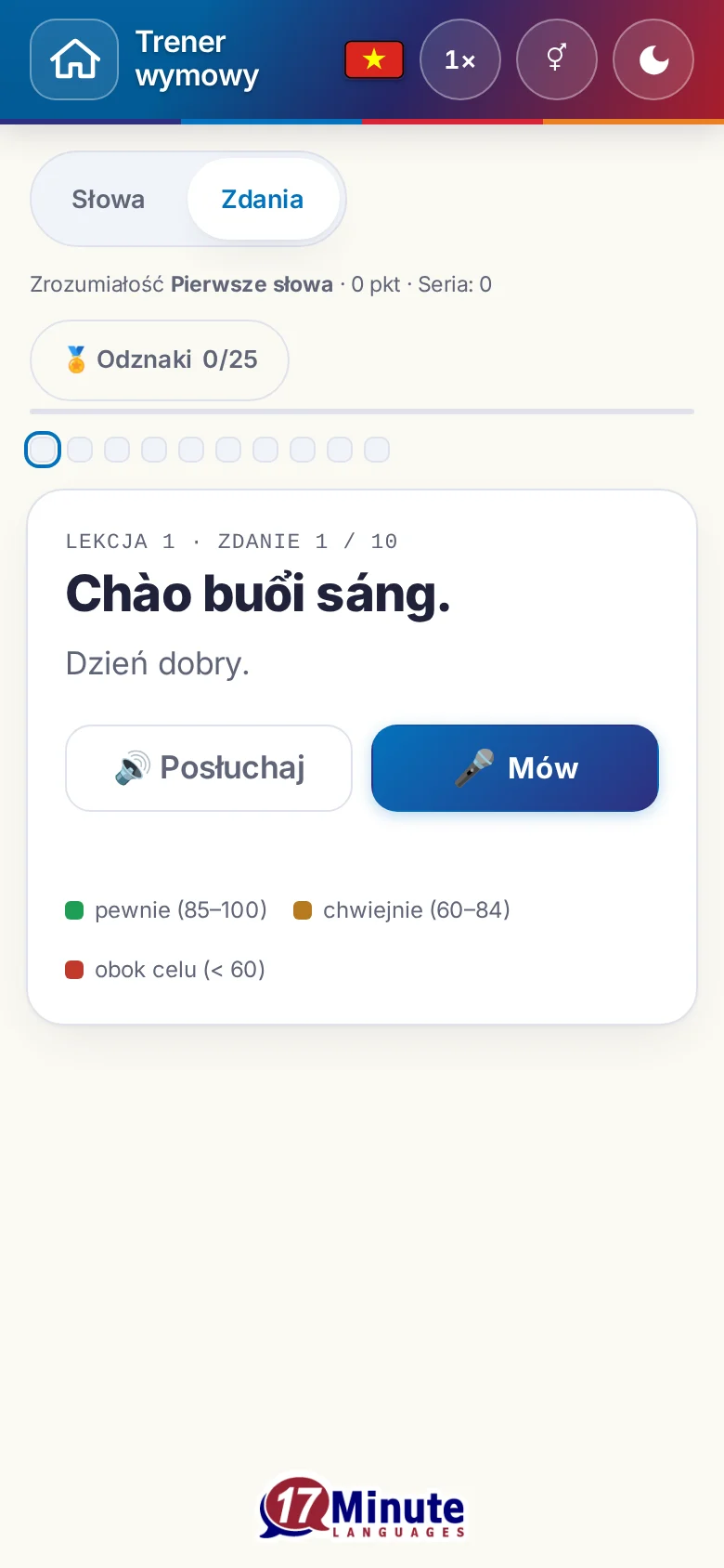 Telefon: uruchomione ćwiczenie wymowy ze zdaniem docelowym i legendą oceny.