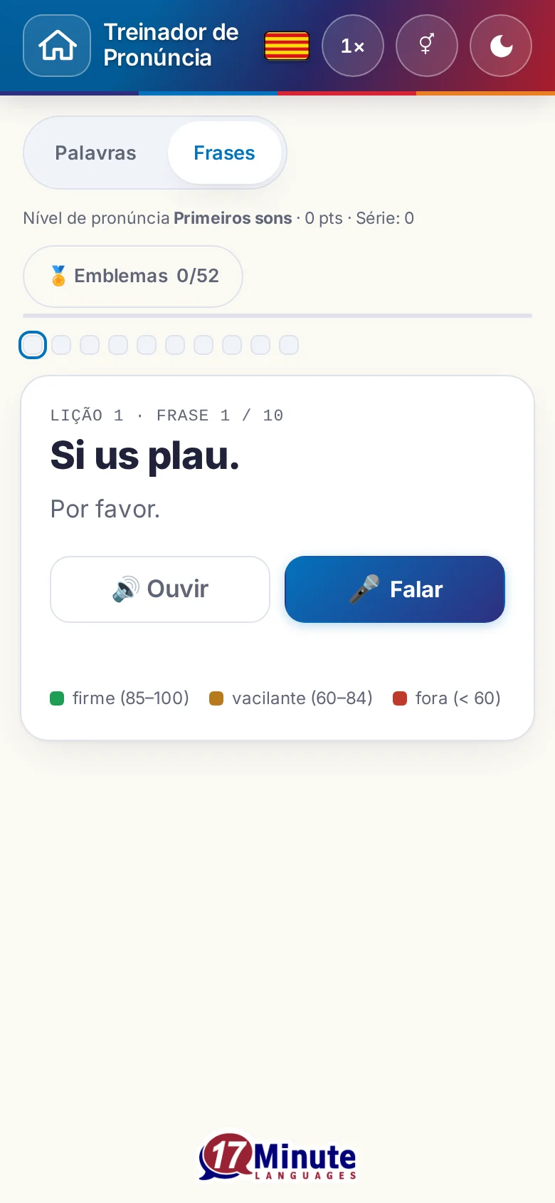 Telemóvel: um exercício de pronúncia iniciado, com frase-alvo e legenda de avaliação.