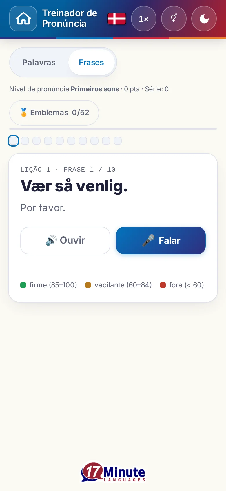 Telemóvel: um exercício de pronúncia iniciado, com frase-alvo e legenda de avaliação.