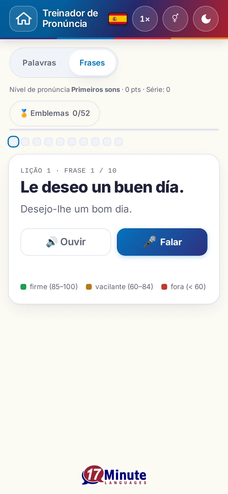 Telemóvel: um exercício de pronúncia iniciado, com frase-alvo e legenda de avaliação.