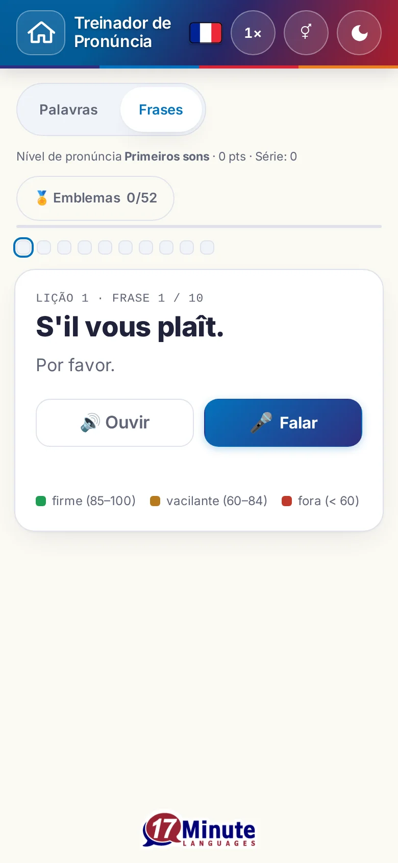 Telemóvel: um exercício de pronúncia iniciado, com frase-alvo e legenda de avaliação.