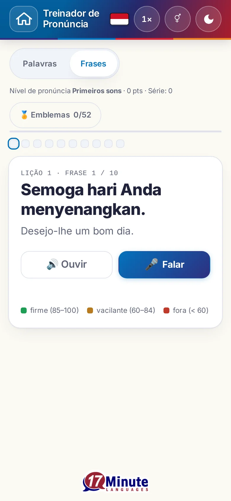 Telemóvel: um exercício de pronúncia iniciado, com frase-alvo e legenda de avaliação.