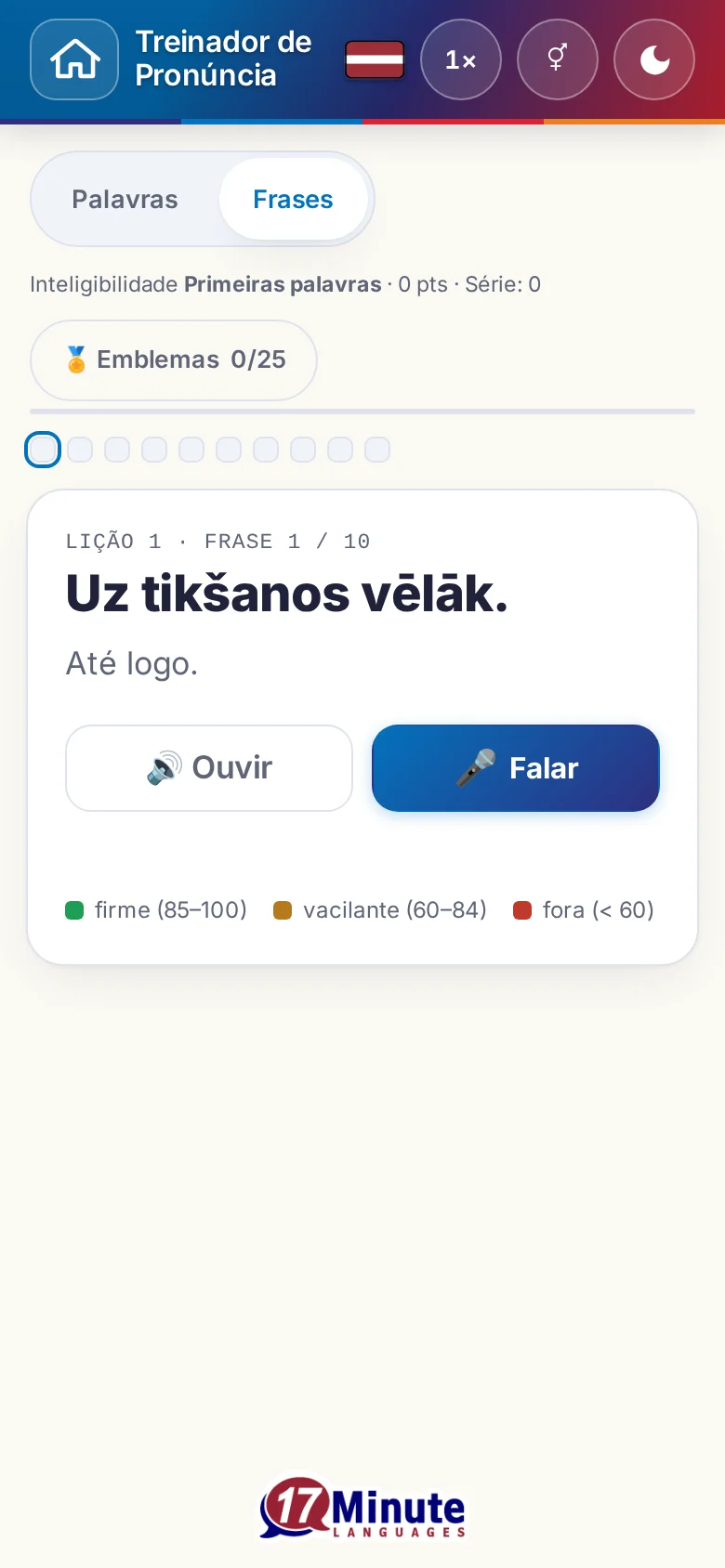 Telemóvel: um exercício de pronúncia iniciado, com frase-alvo e legenda de avaliação.