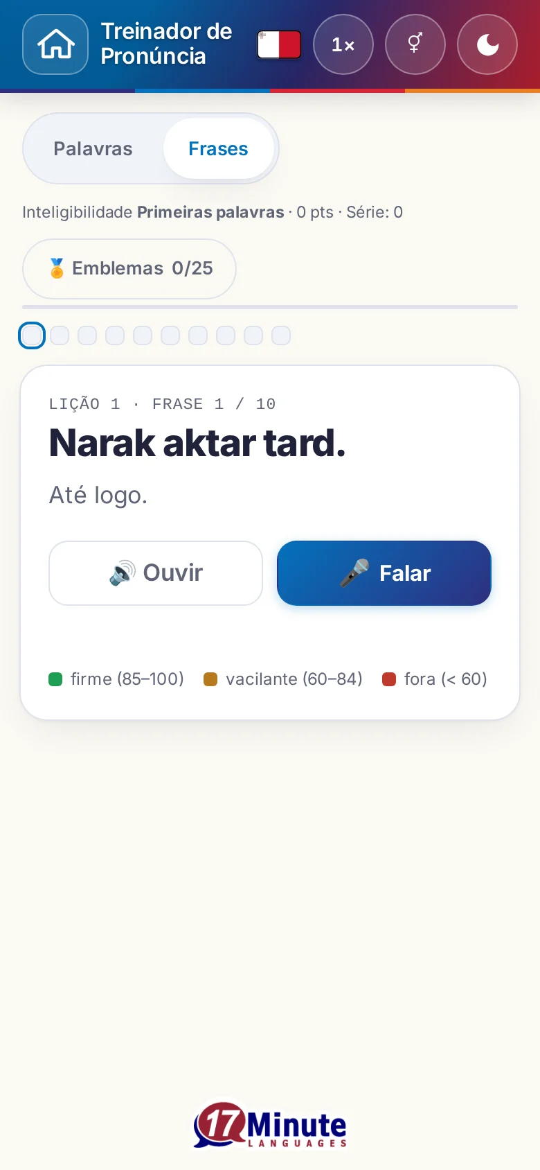 Telemóvel: um exercício de pronúncia iniciado, com frase-alvo e legenda de avaliação.