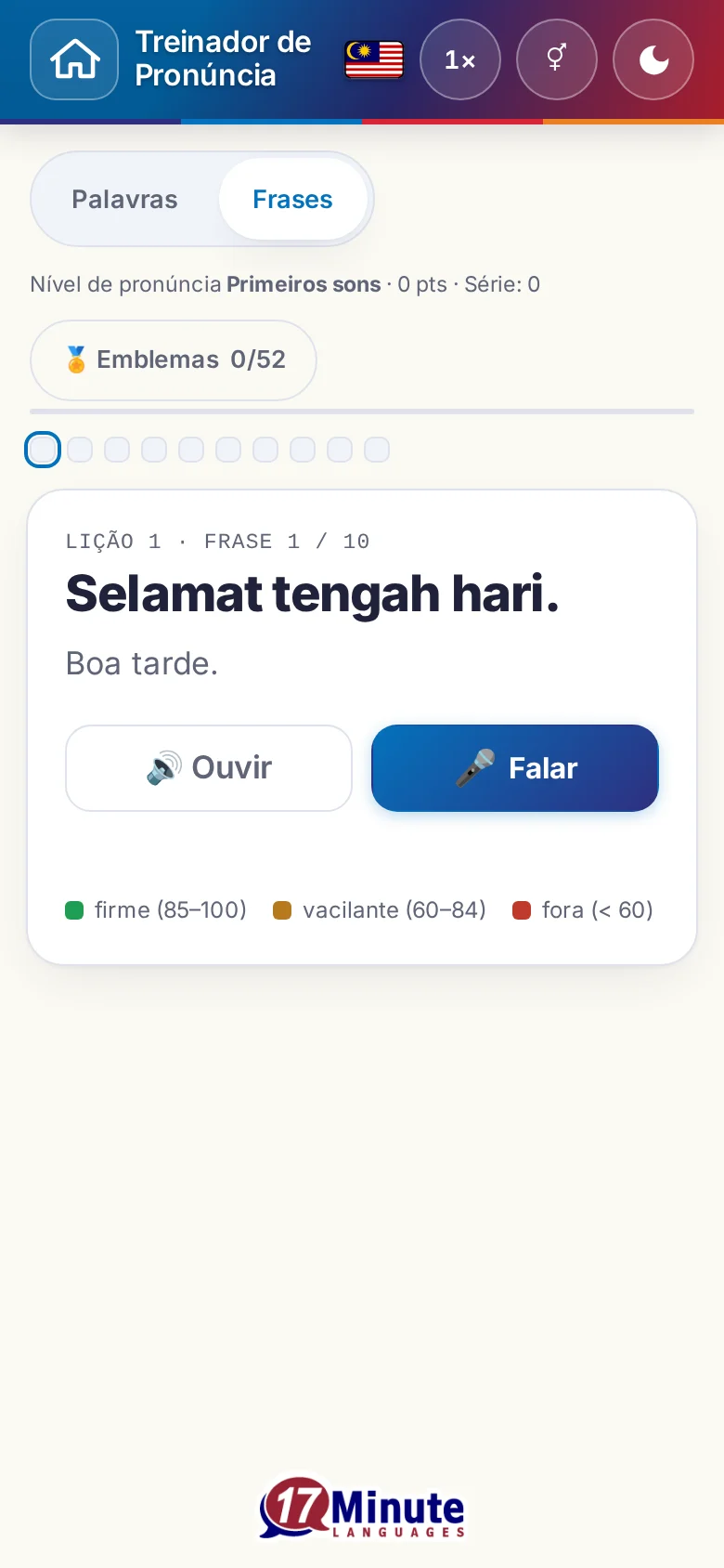 Telemóvel: um exercício de pronúncia iniciado, com frase-alvo e legenda de avaliação.