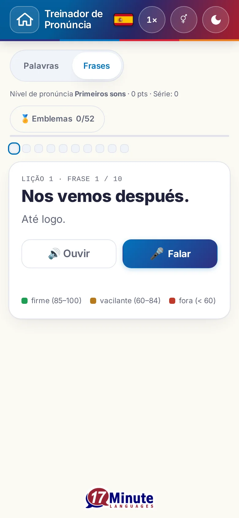 Telemóvel: um exercício de pronúncia iniciado, com frase-alvo e legenda de avaliação.