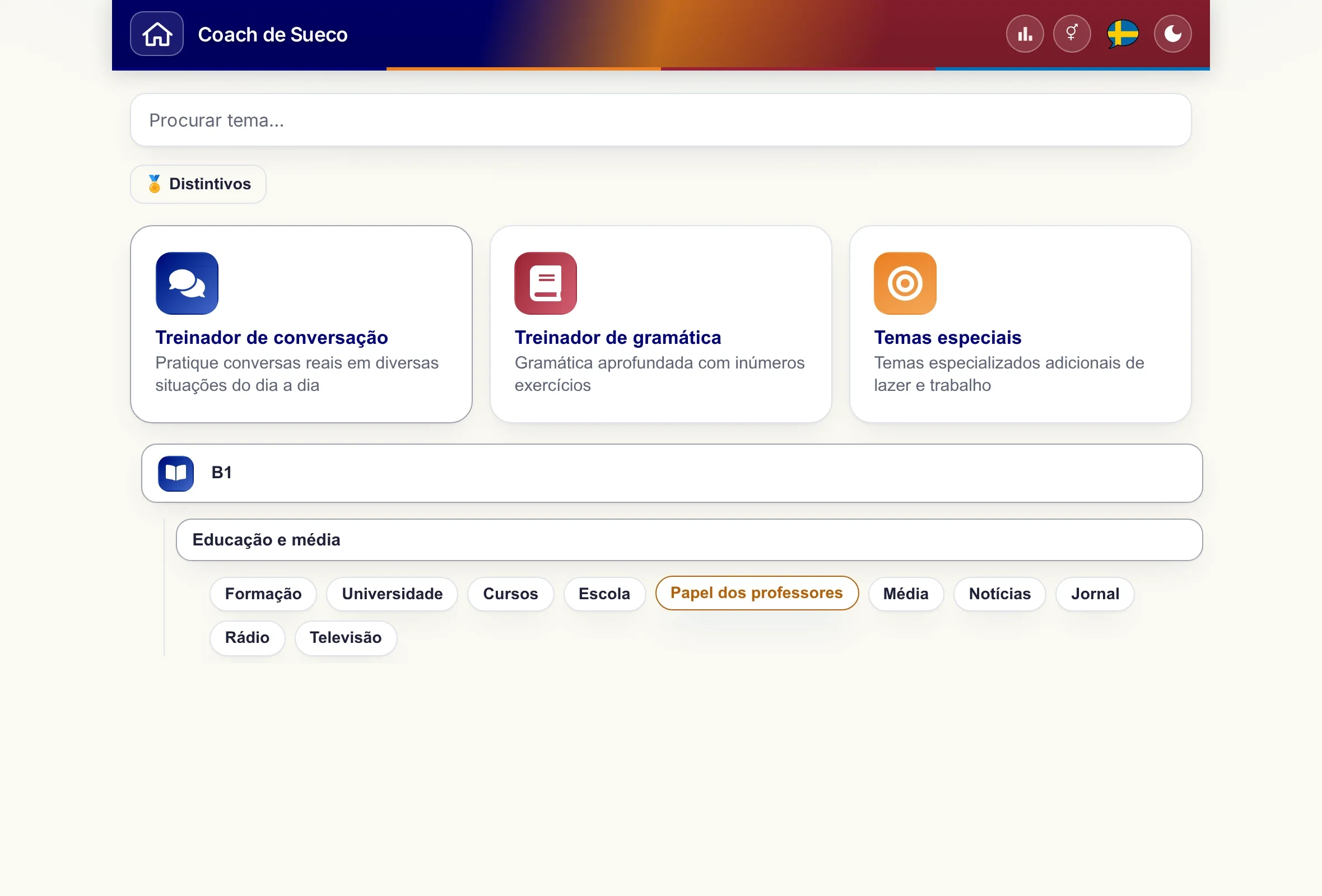 O Coach com o menu de temas aberto: nível, mundo temático e temas individuais.