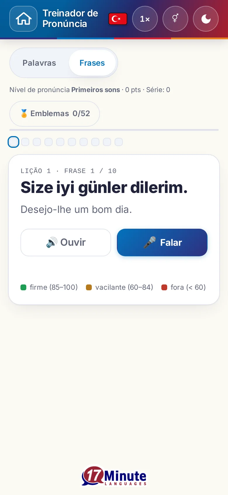 Telemóvel: um exercício de pronúncia iniciado, com frase-alvo e legenda de avaliação.