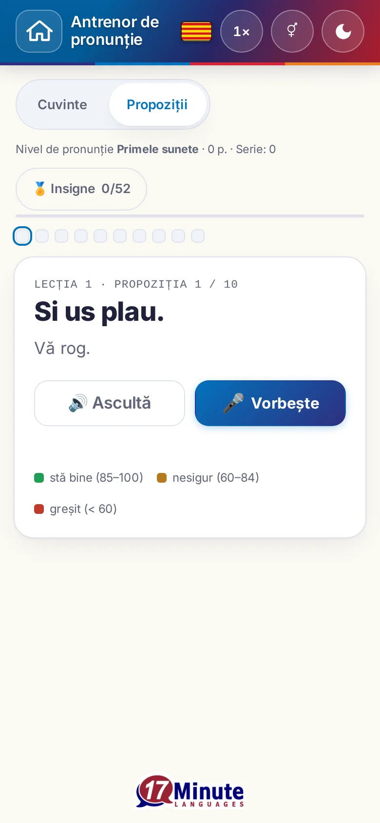 Telefon: un exercițiu de pronunție pornit, cu propoziția-țintă și legenda evaluării.