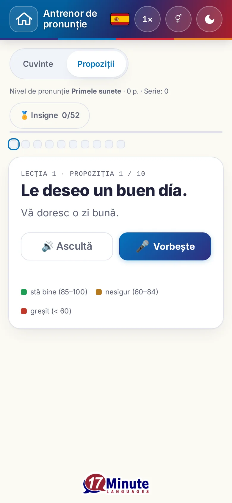 Telefon: un exercițiu de pronunție pornit, cu propoziția-țintă și legenda evaluării.