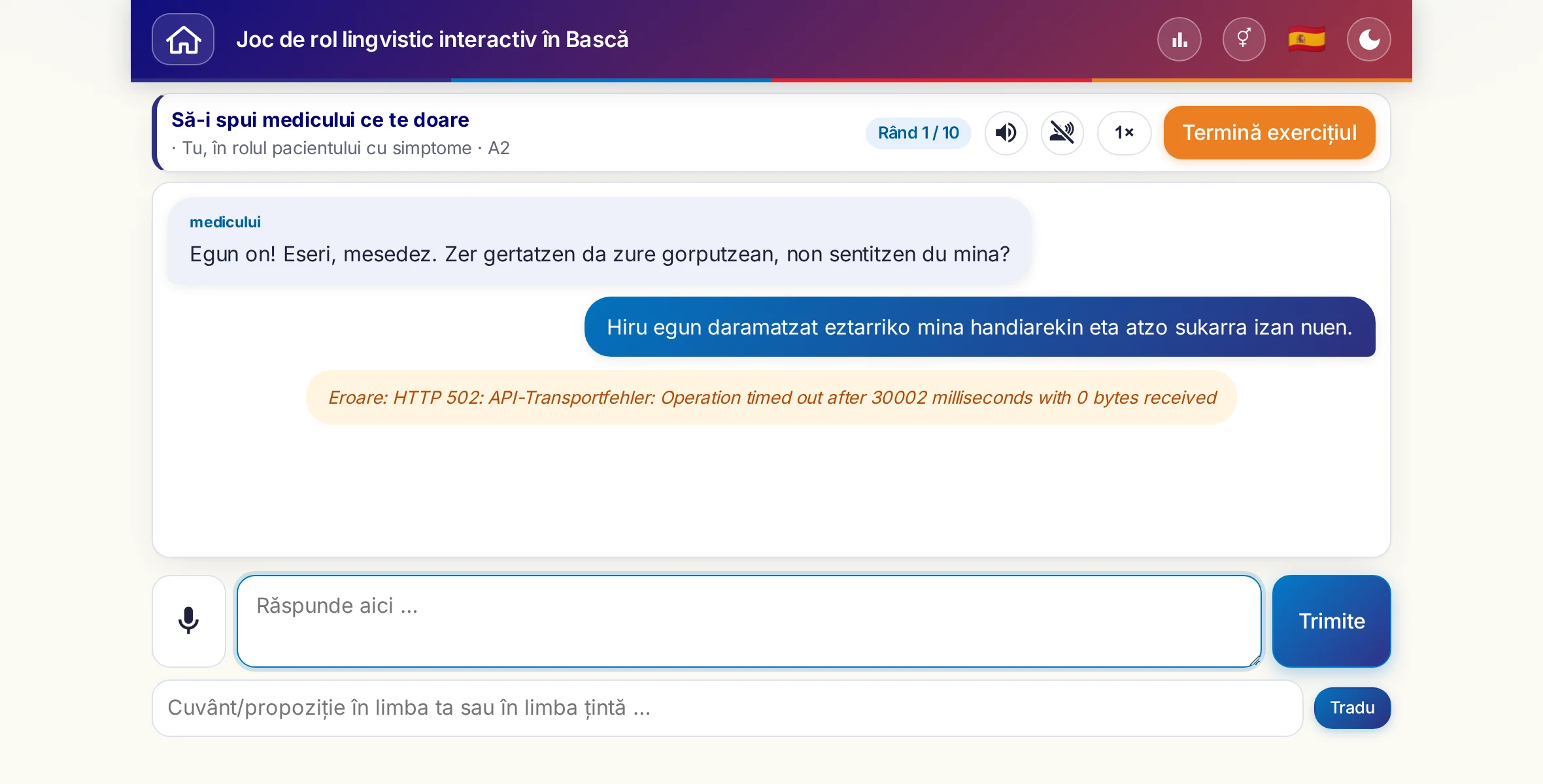 Un joc de rol în plină conversație: medicul întreabă despre intensitatea durerii, despre febră și despre cum a decurs ziua, cursantul răspunde liber și cere la final o rețetă.