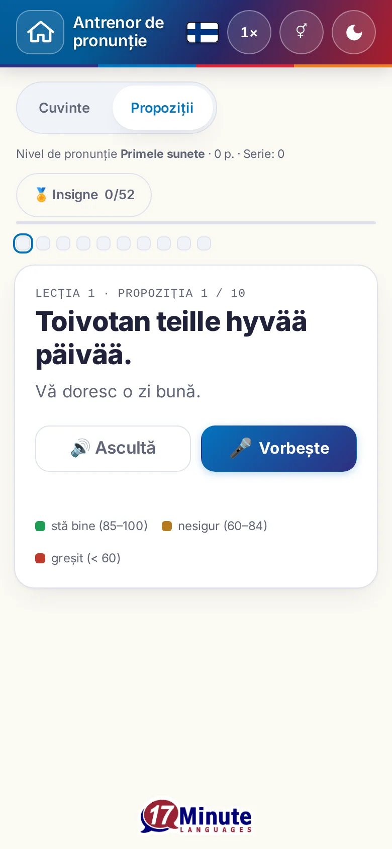 Telefon: un exercițiu de pronunție pornit, cu propoziția-țintă și legenda evaluării.